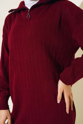 Fitilli Yarım Fermuarlı Düz Triko Elbise Bordo - Tesettür Elbise