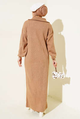 Fitilli Yarım Fermuarlı Düz Triko Elbise Büsküvi - Tesettür Elbise