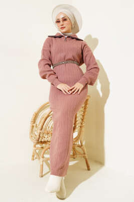 Fitilli Yarım Fermuarlı Düz Triko Elbise Gül Kurusu - KILIÇ TRİKO