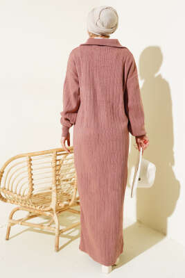 Fitilli Yarım Fermuarlı Düz Triko Elbise Gül Kurusu - Tesettür Elbise