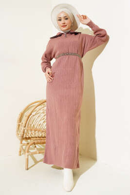 Fitilli Yarım Fermuarlı Düz Triko Elbise Gül Kurusu - Tesettür Elbise