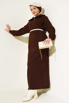 Fitilli Yarım Fermuarlı Düz Triko Elbise Kahve - KILIÇ TRİKO