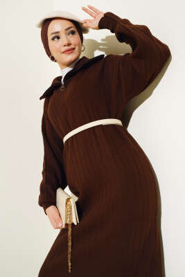 Fitilli Yarım Fermuarlı Düz Triko Elbise Kahve - Tesettür Elbise