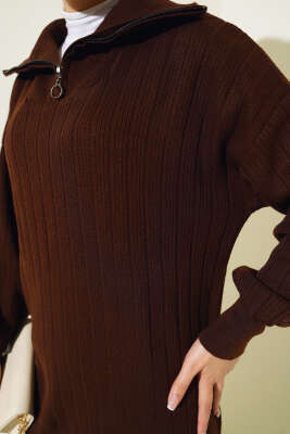 Fitilli Yarım Fermuarlı Düz Triko Elbise Kahve - Tesettür Elbise