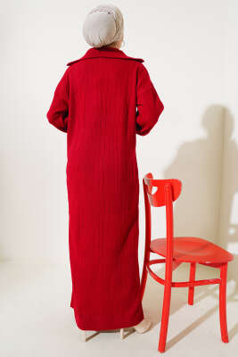 Fitilli Yarım Fermuarlı Düz Triko Elbise Kırmızı - Tesettür Elbise
