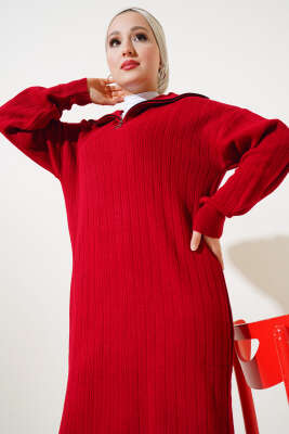Fitilli Yarım Fermuarlı Düz Triko Elbise Kırmızı - Tesettür Elbise