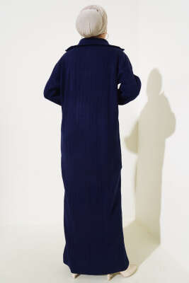 Fitilli Yarım Fermuarlı Düz Triko Elbise Lacivert - Tesettür Elbise