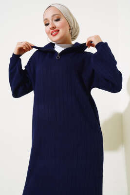 Fitilli Yarım Fermuarlı Düz Triko Elbise Lacivert - Tesettür Elbise