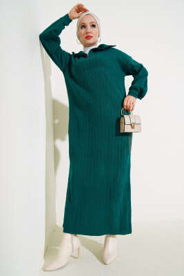 Fitilli Yarım Fermuarlı Düz Triko Elbise Nefti - KILIÇ TRİKO