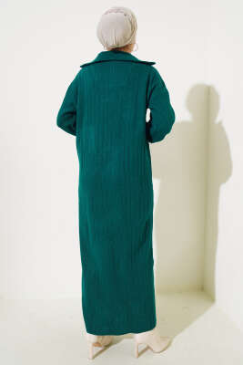 Fitilli Yarım Fermuarlı Düz Triko Elbise Nefti - Tesettür Elbise