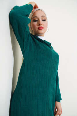 Fitilli Yarım Fermuarlı Düz Triko Elbise Nefti - Tesettür Elbise