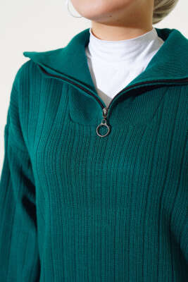 Fitilli Yarım Fermuarlı Düz Triko Elbise Nefti - Tesettür Elbise