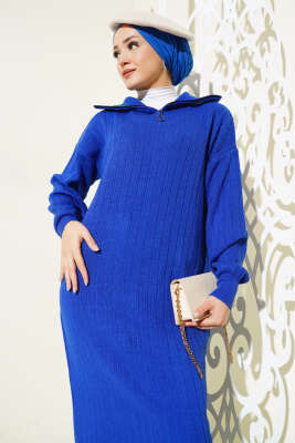 Fitilli Yarım Fermuarlı Düz Triko Elbise Saks - Tesettür Elbise