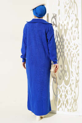 Fitilli Yarım Fermuarlı Düz Triko Elbise Saks - Tesettür Elbise