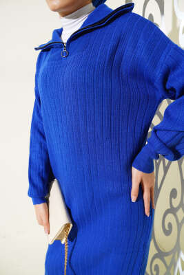 Fitilli Yarım Fermuarlı Düz Triko Elbise Saks - Tesettür Elbise