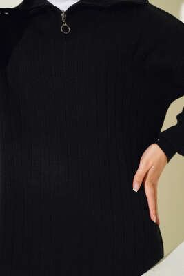 Fitilli Yarım Fermuarlı Düz Triko Elbise Siyah - Tesettür Elbise