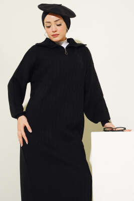Fitilli Yarım Fermuarlı Düz Triko Elbise Siyah - Tesettür Elbise