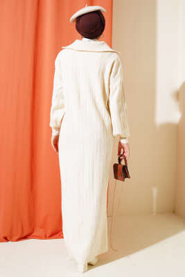 Fitilli Yarım Fermuarlı Düz Triko Elbise Taş - Tesettür Elbise