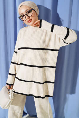 Fitilli Yatay Çizgili Triko İkili Takım Bej - İkili Takım
