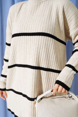 Fitilli Yatay Çizgili Triko İkili Takım Bej - İkili Takım