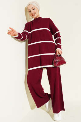 Fitilli Yatay Çizgili Triko İkili Takım Bordo - VAV TEKSTİL