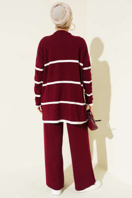 Fitilli Yatay Çizgili Triko İkili Takım Bordo - İkili Takım
