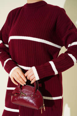 Fitilli Yatay Çizgili Triko İkili Takım Bordo - İkili Takım