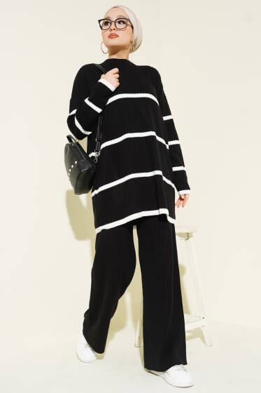 Fitilli Yatay Çizgili Triko İkili Takım Siyah - İkili Takım