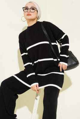 Fitilli Yatay Çizgili Triko İkili Takım Siyah - İkili Takım