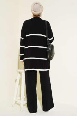 Fitilli Yatay Çizgili Triko İkili Takım Siyah - İkili Takım