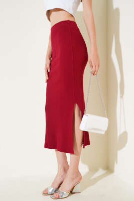 Fitilli Yırtmaçlı Midi Kalem Etek Bordo 