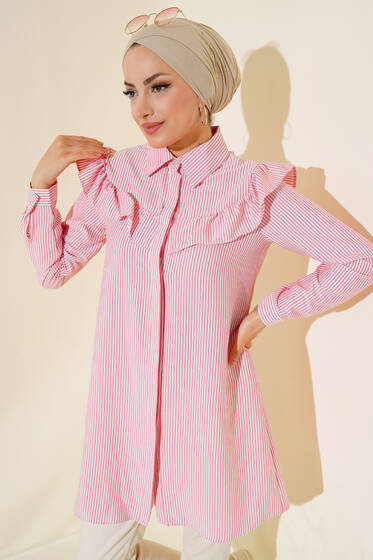 Fırfırlı Çizgili Tunik Pudra - Tunik