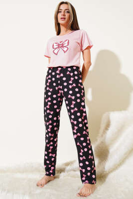 Fiyonk Baskılı Kısa Kol Pijama Takımı Pembe - Kadın Pijama Takımı