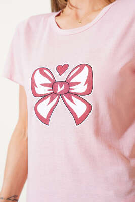 Fiyonk Baskılı Kısa Kol Pijama Takımı Pembe - Kadın Pijama Takımı