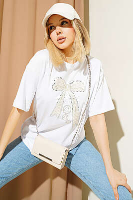 Fiyonk Baskılı Mini Taşlı T-shirt Beyaz - DESTİNA