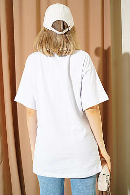 Fiyonk Baskılı Mini Taşlı T-shirt Beyaz - Kadın Giyim Modelleri