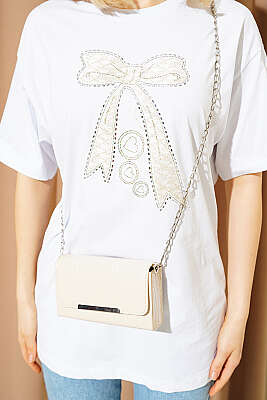 Fiyonk Baskılı Mini Taşlı T-shirt Beyaz - Kadın Giyim Modelleri