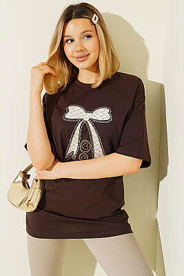 Fiyonk Baskılı Mini Taşlı T-shirt Kahve - DESTİNA