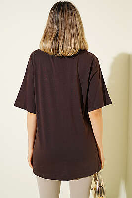 Fiyonk Baskılı Mini Taşlı T-shirt Kahve - Kadın Giyim Modelleri