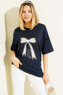 Fiyonk Baskılı Mini Taşlı T-shirt Lacivert - DESTİNA