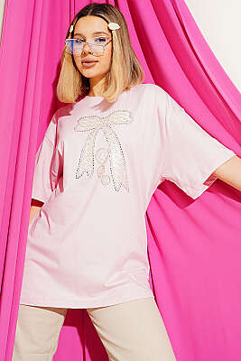 Fiyonk Baskılı Mini Taşlı T-shirt Pembe - DESTİNA