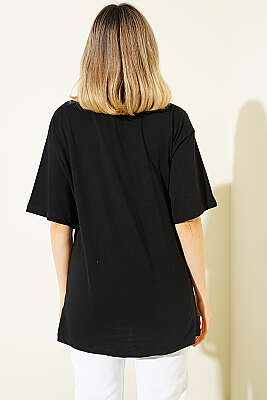 Fiyonk Baskılı Mini Taşlı T-shirt Siyah - Kadın Giyim Modelleri