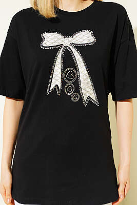 Fiyonk Baskılı Mini Taşlı T-shirt Siyah - Kadın Giyim Modelleri