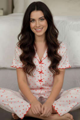 Fiyonk Benekli Kısa Kol Pijama Takımı Kalp 