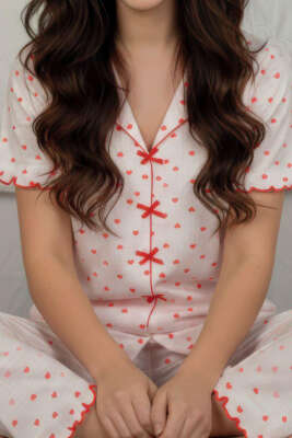 Fiyonk Benekli Kısa Kol Pijama Takımı Kalp - Kadın Pijama Takımı
