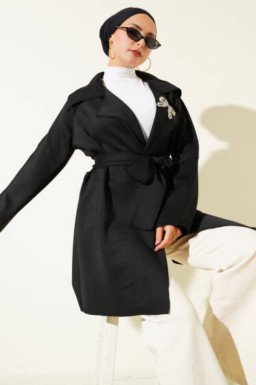Fiyonk Bronşlu Ters Dikiş Detaylı Ceket Siyah - Ceket