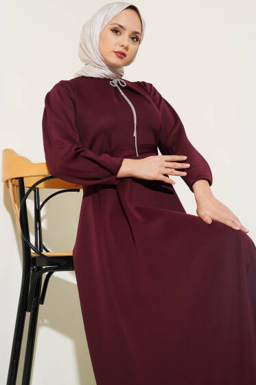 Fiyonk Broşlu Scuba Elbise Mürdüm - Elbise