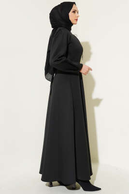 Fiyonk Broşlu Scuba Elbise Siyah - Tesettür Elbise