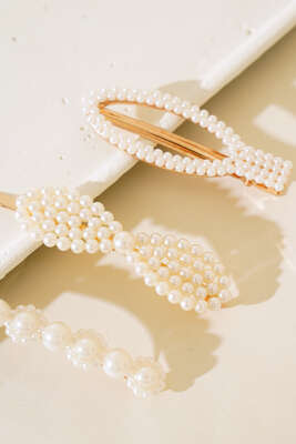 Fiyonk Desen İncili Toka Set Gold - Toka