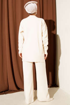 Fiyonk Desenli İncili Triko İkili Takım Bej - İkili Takım